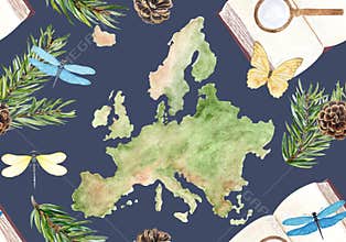 Map of Europe fir branches, butterfly, dragonflies book, magnifying glass watercolor on dark background. Perfect for eco