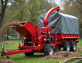 Red mobile wood shredder machine in urban park. Tree branches processing, waste recycling, cleaning, cleanup services.