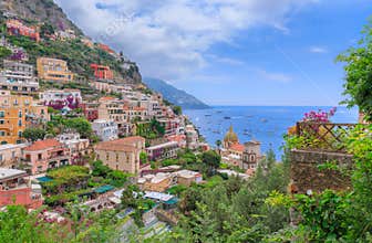 Amalfi Coast: panoramic view of Positano townscape with the church of Holy Mary Assumption in southern Italy.