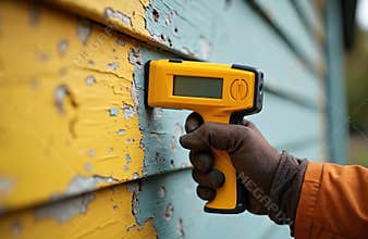 Hand holds lead paint tester tool on old wooden wall with peeling paint. Measuring lead paint during home renovation for health