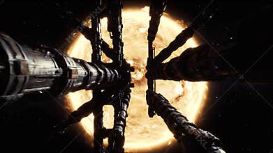 Epic Futuristic Space Station Approaching Blazing Sun in Deep Cosmos