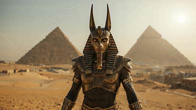 Anubis stands majestically before the great pyramids in a vast desert