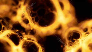 Abstract Macro Animation of Fiery Golden Cells Evolving and Bubbling in a Microscopic World