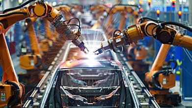 Robots are actively welding parts of a car body on an assembly line, generating bright
