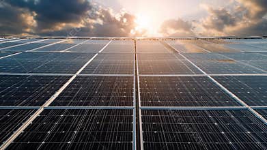 Photovoltaic (PV) solar panels installed on a roof at golden hour