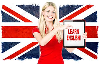 Young woman holding tablet pc. english learning concept