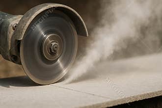 Close up of circular power saw cutting concrete slab outdoors, creating dust in construction site environment, AI Generative