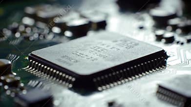 Macro View of Computer Chip: Technology, Circuit Board, Close-up