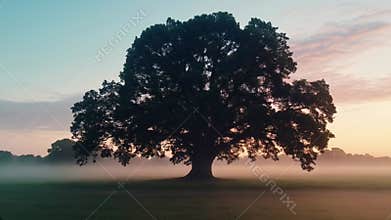 Majestic Oak Tree in Misty Field at Sunrise with Forward Dolly Motion
