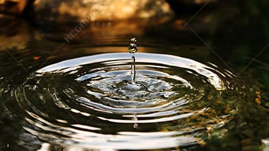 Generative AI Close-up of water droplet creating ripple effect in natural setting business concept.