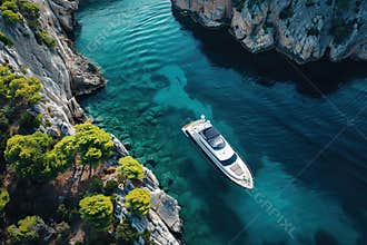 Luxury private big motor yacht in tropical sea with soft blue wave, abstract vivid composition consists of fictional