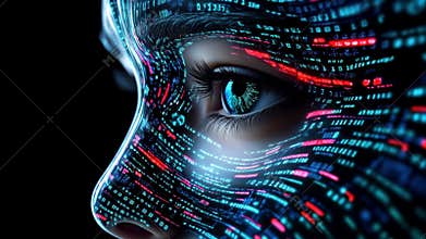 A close-up of a human face with digital code patterns flowing across it