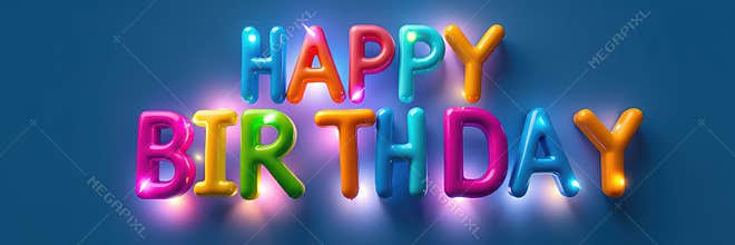 Colorful balloon letters spell happy birthday in a festive arrangement on a blue background, perfect for celebration