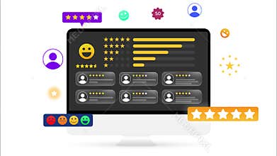 Five star rating concept background with shapes and stars floating around the screen in the center. Customer satisfaction,