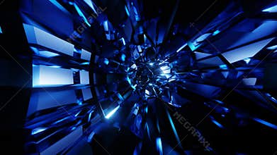 3D illustration of an infinite fast blue-lit mirrored round-shape tunnel