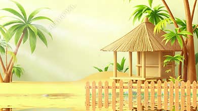 Sea Coast and Tree with Beach Houses and Bungalow in Summer Cartoon Animation.