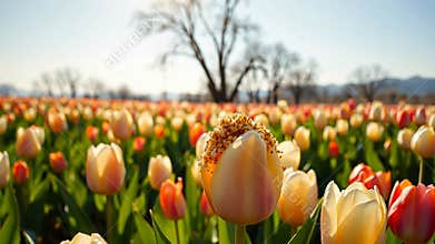Tulip field in spring bloom, colorful flowers and floral landscape stock footage Generative AI