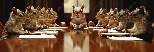 Squirrels gather for an important board meeting discussing nut policies