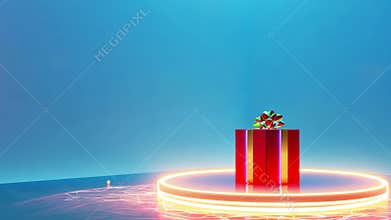 A red box with a bow on top sits on a blue background