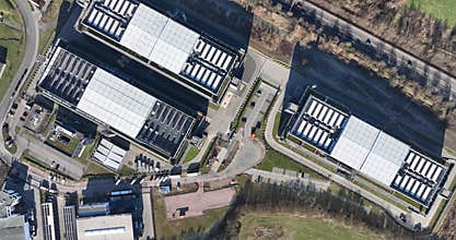 Data center in Frankfurt am Main, Germany, aerial views.
