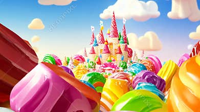 A colorful candy display with a castle in the background
