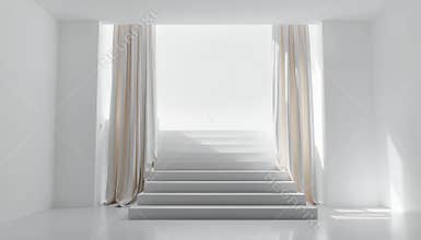 Minimalist White Room with Staircase and Sheer Curtains