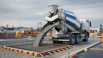 A concrete mixer truck pouring fresh cement on a construction site.