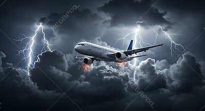 Airplane Flying Through Storm with Lightning Strikes and Dramatic Clouds