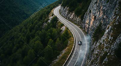 Car Drifting on Scenic Mountain Road with Forest and Rocky Cliff