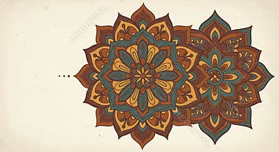 Decorative Mandala Floral Illustration with Brown Teal and Gold Color Scheme on Cream Background