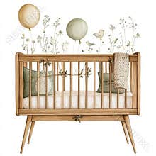 The stock clip art illustration boasts a gorgeous hand-drawn watercolor design of a baby cradle, crib, air balloons, and