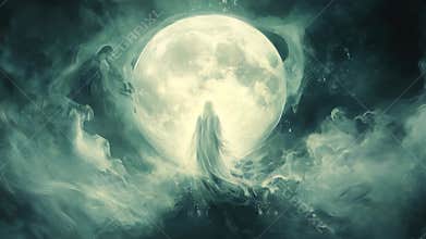 A ghostly figure in a flowing robe stands before a glowing full moon surrounded by swirling mist and shadowy spirits