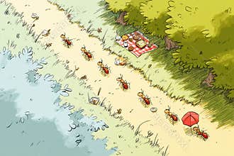 Ants on a Mission Marching Toward Picnic Spread in Bright Comic Style Under Sunny Skies Generative AI