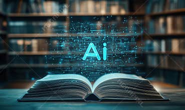 Artificial Intelligence Concept with Open Book and Digital Elements in Library Setting