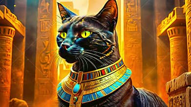 Golden Egyptian magical divine cat, cat in the temple of the Egyptian goddess Bastet