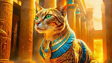 Golden Egyptian magical divine cat, cat in the temple of the Egyptian goddess Bastet