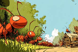 Ants Marching in a Comic Style Toward a Picnic Spread in a Sunny Outdoor Setting Generative AI