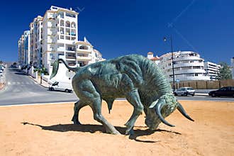 Cast Iron Spanish Bull in center of Roundabout