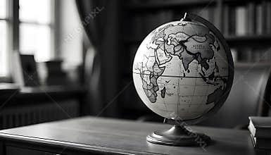 Monochrome globe on desk in a classic study room for exploration concept