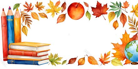 Back to School Autumn Frame with Books globe and Leaves – Watercolor Illustration