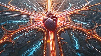 Cardiovascular system rendered as a vast, intricate cityscape Generative AI