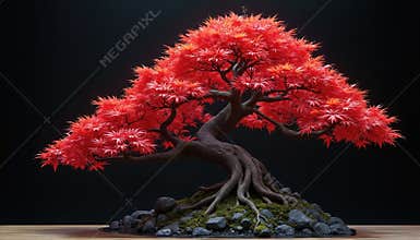 Ai-generated illustration of Japanese red maple tree. Vivid red leaves against dark backdrop. Autumn season landscape, Japanese