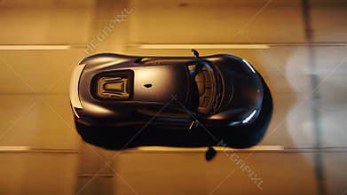 Driving Dark Sports Car on Road at Night Overhead View