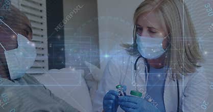 Healthcare practitioner holding vaccine vials, preparing injection despite patient raising hand