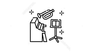 line art icon animation of Music practice room features piano trumpet and stand for aspiring musicians perfecting their skills