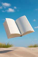 An open book gracefully floats in the bright blue sky above a sandy path with distant foliage