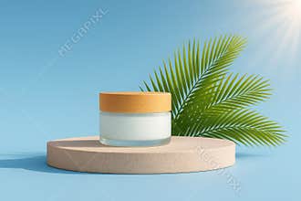Luxurious skincare cream in a glass jar with a wooden lid rests on a stone pedestal with lush green foliage