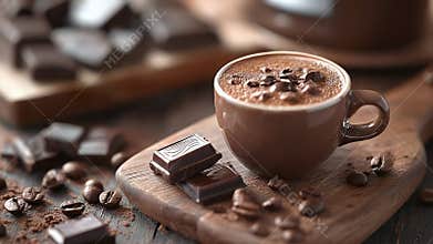 Hot chocolate with coffee beans and chocolate chunks on wooden board