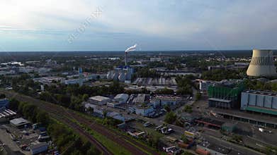 sewage treatment plant, circular clarifiers. Smooth aerial view flight drone