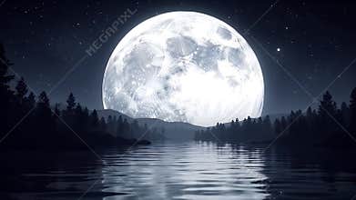 Ethereal Moonlight: Serene Lake Reflection Under Starry Night Sky and Forest Silhouette